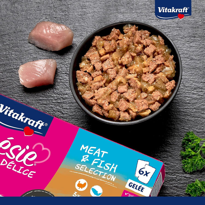 Vitakraft Poésie Délice, Meat and Fish Selection, hrană umedă pentru pisici, hrană umedă pentru pisici Jelly, cu piept de curcan, cu somon, fără zahăr și cereale adăugate (1 pachet cu 6X 85G)
