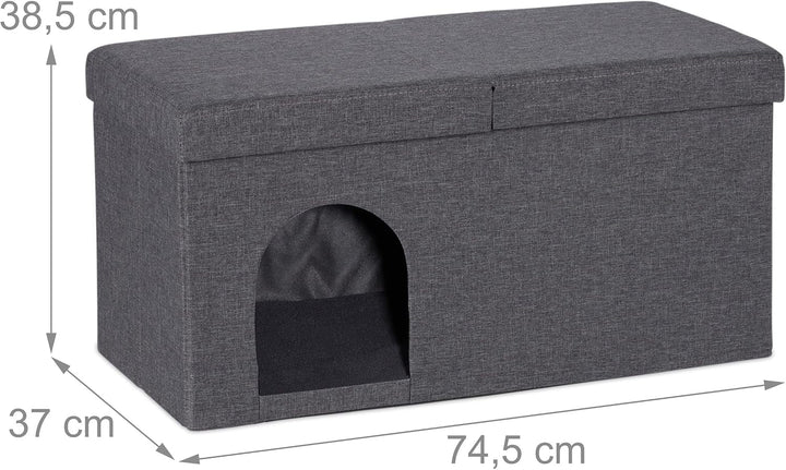 Relaxdays Cușcă pliabilă pentru pisici, Bancă rezistentă, Mobilier de interior pentru pisici, Ascunziș pentru animale de companie, ÎxLxA: 38,5 x 74,5 x 37 cm, Gri
