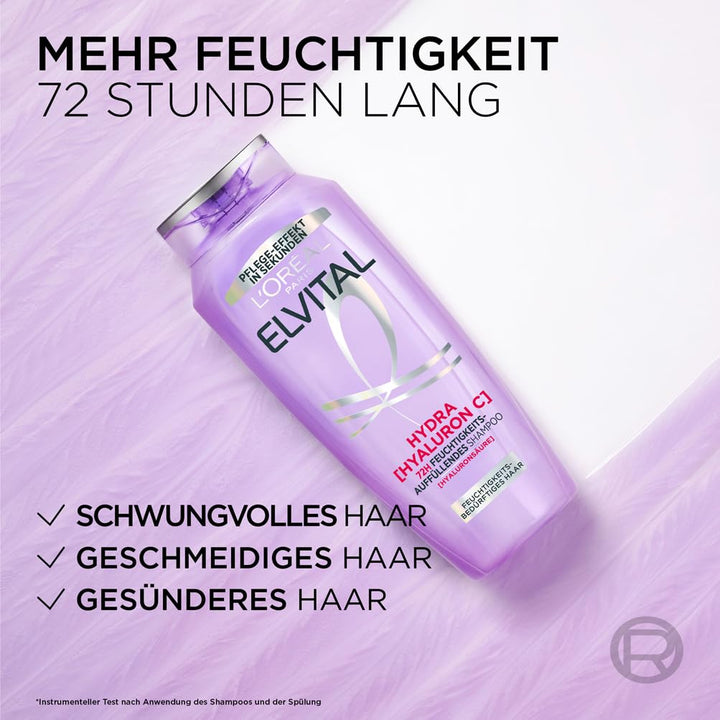 L'Oréal Paris Elvital Hydra Hyaluronic Feuchtigkeitsspendendes XXL Shampoo Für Glänzendes Haar, Hyaluron Shampoo Für Einen Feuchtigkeitsboost & Schutz, Langanhaltende Feuchtigkeit Und Pflege, 1000Ml