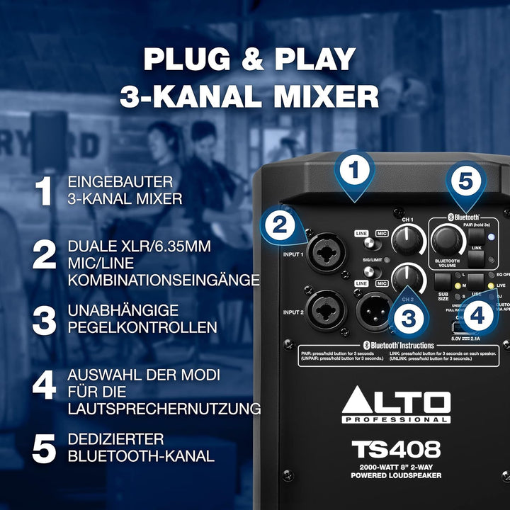 Alto Professional TS408 - 2000W 8 inch Active Pa Speaker cu 3 canale Mixer, Bluetooth Streaming, Wireless Speaker Pairing, DSP și Alto App