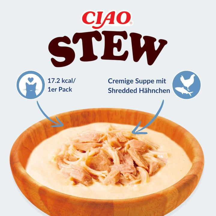 INABA Ciao Stew Hrană umedă pentru pisici 86% umiditate și vitamina E, supă premium pentru pisici cu pui și scoici 40 G (pachet de 12), 100% carne naturală, fără cereale, fără zahăr