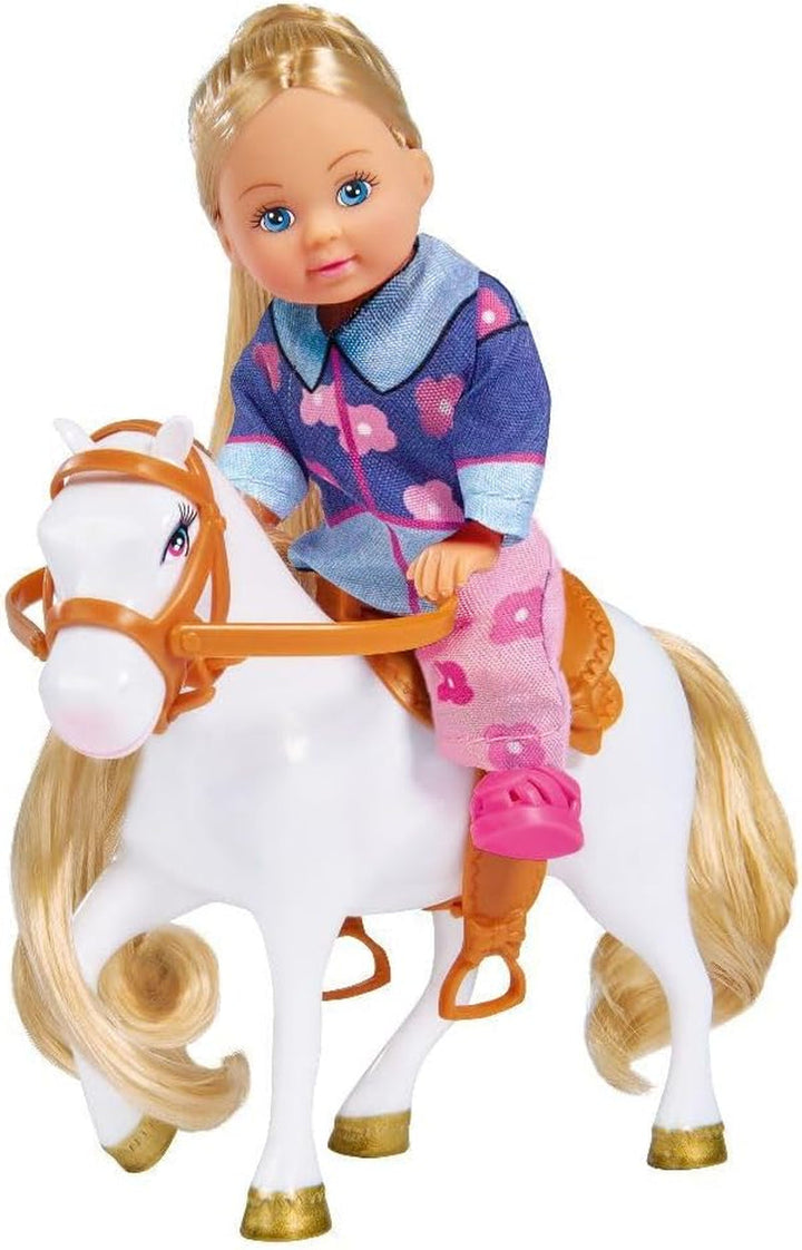 Simba 105737460 - Evi Love Evi Horse Trailer, cu jeep roz, pandantiv violet pentru cal și ponei, păpușă de îmbrăcat, 12 cm, pentru copii de la 3 ani în sus