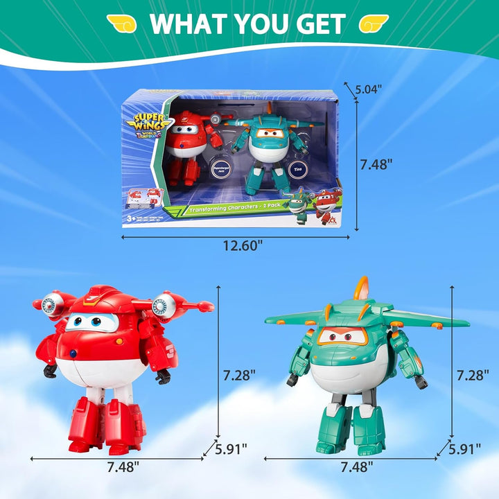 Super Wings 5" Transforming Characters 2-Pack Transforming Supercharged Jett + Tino, jucărie Transformer pentru băieți și fete de peste 3 ani, roșu