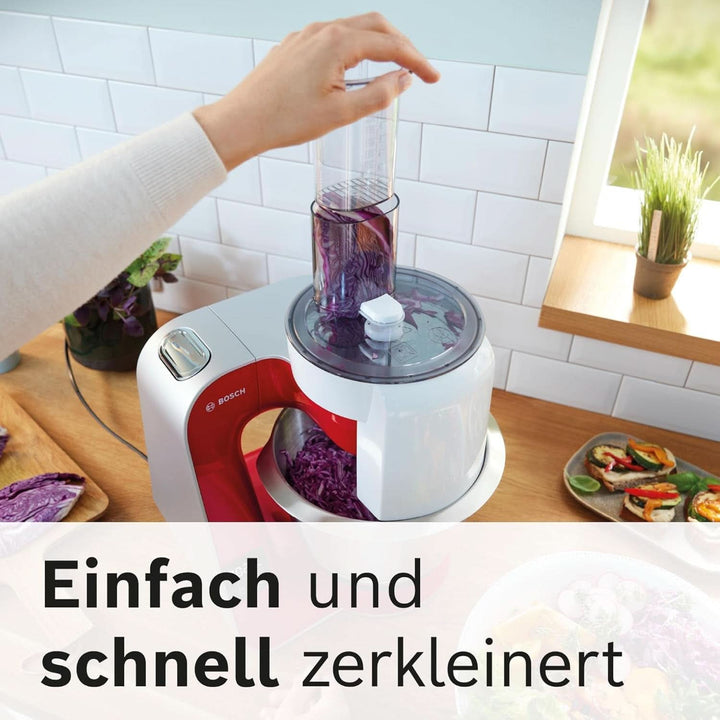 Bosch Küchenmaschine Serie 4 MUM5X720, Integrierte Waage,Edelstahl-Schüssel 3,9L, Mixer 1,25L, Profi-Knethaken, Planetarisches Rührgetriebe, Rührbesen, Durchlaufschnitzler, 1000 W, Dunkelrot/ Silber