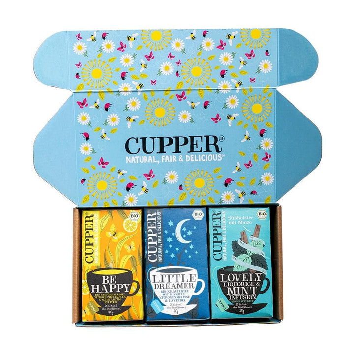 Set de ceaiuri bio Cupper „Fruity”, set cadou de ceaiuri, ceaiuri din fructe, trei sortimente diferite, 60 pliculețe de ceai nealbite, fără plastic, pachet de 3