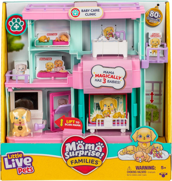Little Live Pets Mama Surprise Families Baby Clinic Playset, 3 cățeluși Retriever incluși, Magic, Playset cu două fețe (27,8 cm lățime, 23,8 cm înălțime). Hrănire, îmbăiere și joacă, cadou pentru copii