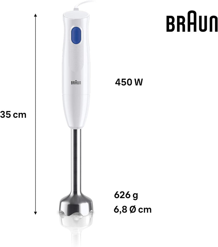 Braun Stabmixer MQ10.001M Multiquick 1 - Extra Leichter Pürierstab Mit Edelstahl-Mixfuß Und Easytwist System, Inkl. 600 Ml Mix- & Messbecher, 450 Watt, Weiß