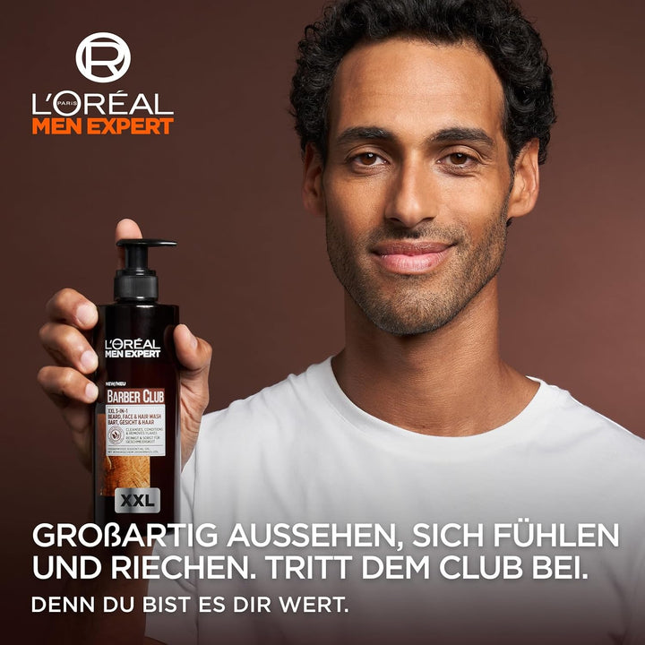 L'Oréal Men Expert XXL 3-In-1 Bartshampoo Für Männer, Bartseife Für Bart, Gesicht Und Haar, Herren Bartpflege Gegen Schuppen Mit Ätherischem Zedernholzöl, Barber Club, [Amazon Exclusive], 1 X 400 Ml