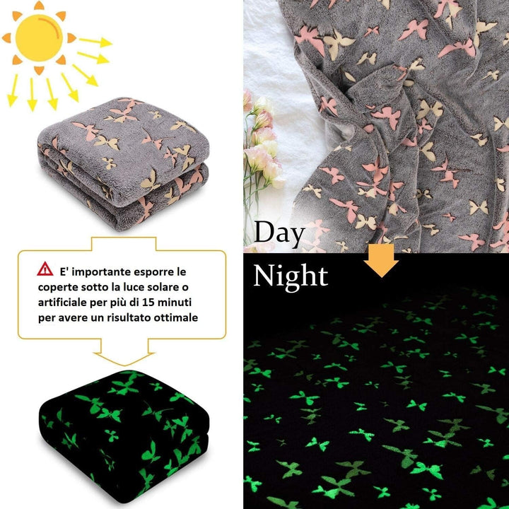 Cuvertură de pat Kanguru Glow, pătură care strălucește pe întuneric, pătură cu fluturi, pătură moale 130X150Cm, cuvertură de pat luminoasă canapea. Pătură pentru copii Glow in the Dark, gri Paturi si Cuverturi Besuche den Kanguru-Store