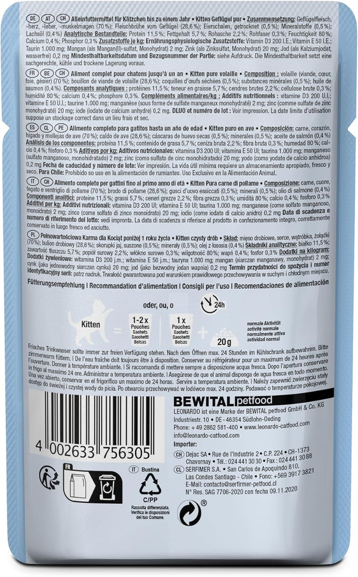 Leonardo Fresh Pouch [16X85G Kitten Poultry] | Hrană umedă fără cereale pentru pisici | Hrană umedă completă în pungă cu porție unică