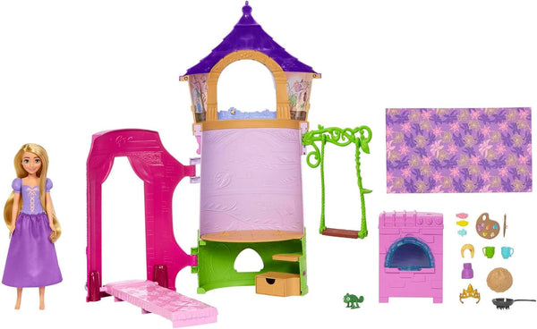 Disney Princess HMV99 - Păpușă Rapunzel mobilă și turn de joacă cu distracție pe tot parcursul, 6 zone de joacă și 15 accesorii, inspirat de filmul Disney, jucării pentru păpuși de la 3 ani