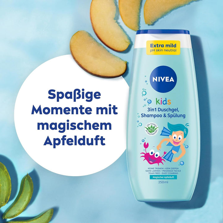 Gel de duș, șampon și balsam NIVEA KIDS 3in1, îngrijire și curățare pentru copii cu un parfum magic de mere, extra blând, îngrijire fără săpun pentru păr și piele pentru copii (250 ml)
