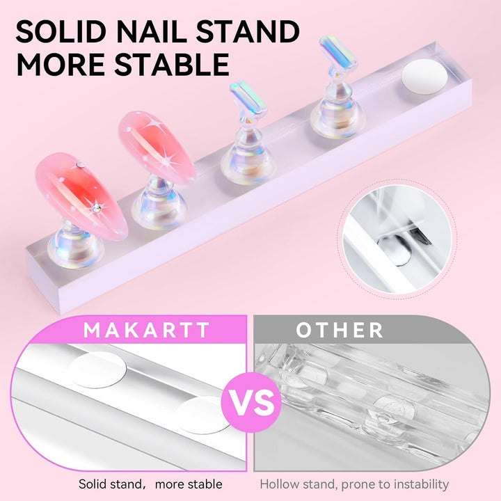 Suport acrilic pentru unghii Makartt, suport pentru unghii magnetic, suport pentru unghii, suport pentru unghii roz transparent, cu 48 de chit adeziv