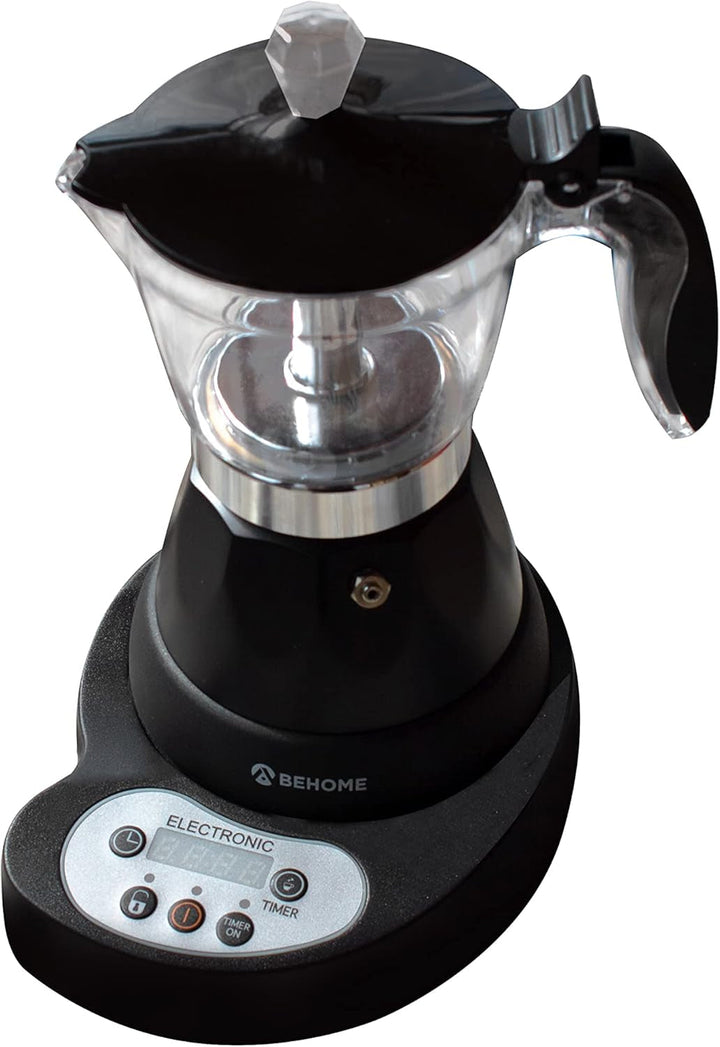 Cafetieră electrică italiană cu 3 căni, cafetieră electrică programabilă Mocha cu temporizator, oprire automată, cafea fierbinte timp de 30 de minute, aluminiu negru (cu temporizator)