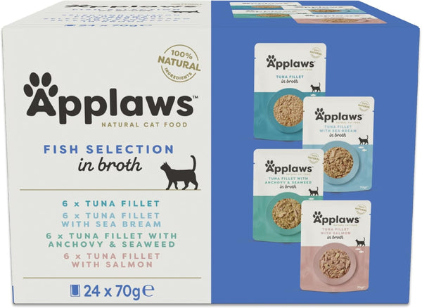 Applaws 100% hrană umedă naturală pentru pisici, Pouch Multipack Fish Selection in Broth - pachet cu 24 de pungi de X 70G