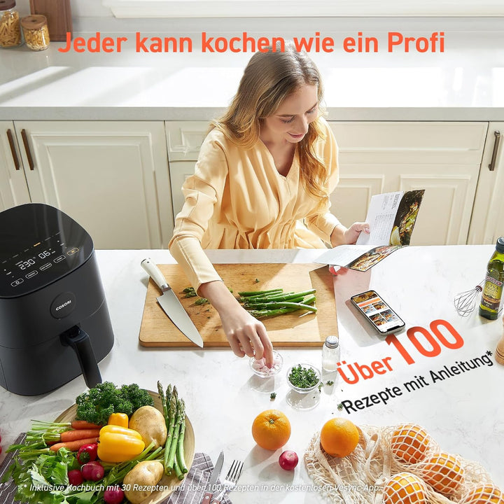 COSORI Airfryer, 7-In-1 Heissluftfritteuse 4,7 L, Max 230℃ & 55Db Leise Heißluftfritteuse, 100+ Rezpete, Hähnchen, Steak, Speck, Tiefkühlkost, 55% Energiesparend, Spülmaschinenfest