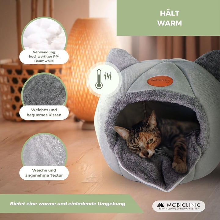 Mobiclinic® Pets, Pat pentru pisici, Cuib tip peșteră, Hellocatty, Lavabil la mașină, Ușor de pliat și depozitat, Antiderapant, Pernă detașabilă confortabilă, Spumă 25D, Design modern