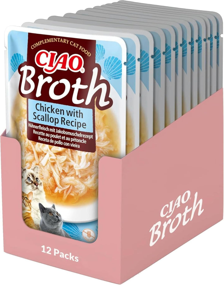 INABA Ciao Stew Hrană umedă pentru pisici 86% umiditate și vitamina E, supă premium pentru pisici cu pui și scoici 40 G (pachet de 12), 100% carne naturală, fără cereale, fără zahăr