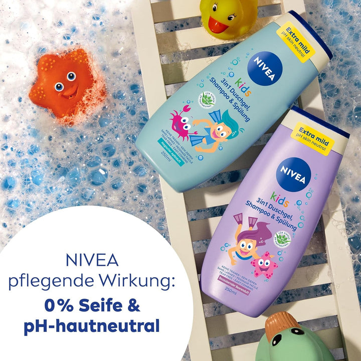 Gel de duș, șampon și balsam NIVEA KIDS 3in1, îngrijire și curățare pentru copii cu un parfum magic de mere, extra blând, îngrijire fără săpun pentru păr și piele pentru copii (250 ml)