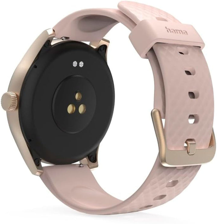 Hama Smartwatch (ecran color de 1,38", funcție telefon, Whatsapp, e-mailuri etc., asistent vocal, rezistent la apă, monitor de somn, 100 de sporturi + ritm cardiac, oxigen din sânge, calorii etc.) rosé