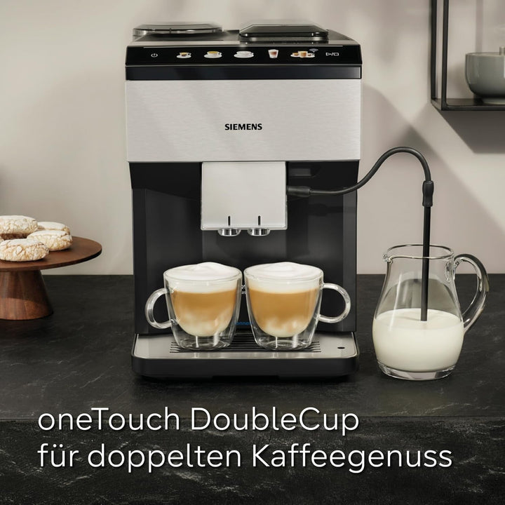 Espressor complet automat Siemens EQ500 TP516DX3, multe specialități de cafea, spumator de lapte, recipient integrat pentru lapte, funcție dublă de ceașcă, curățare automată cu abur, oțel inoxidabil negru