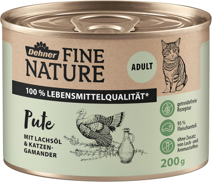Hrană pentru pisici Dehner Fine Nature, hrană umedă fără cereale, pentru pisici adulte, curcan, cutie 6 X 200 G (1,2 kg)