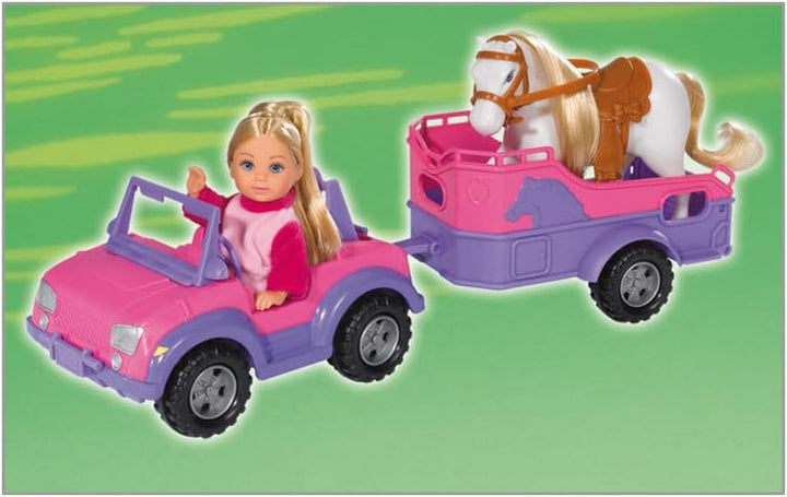 Simba 105737460 - Evi Love Evi Horse Trailer, cu jeep roz, pandantiv violet pentru cal și ponei, păpușă de îmbrăcat, 12 cm, pentru copii de la 3 ani în sus