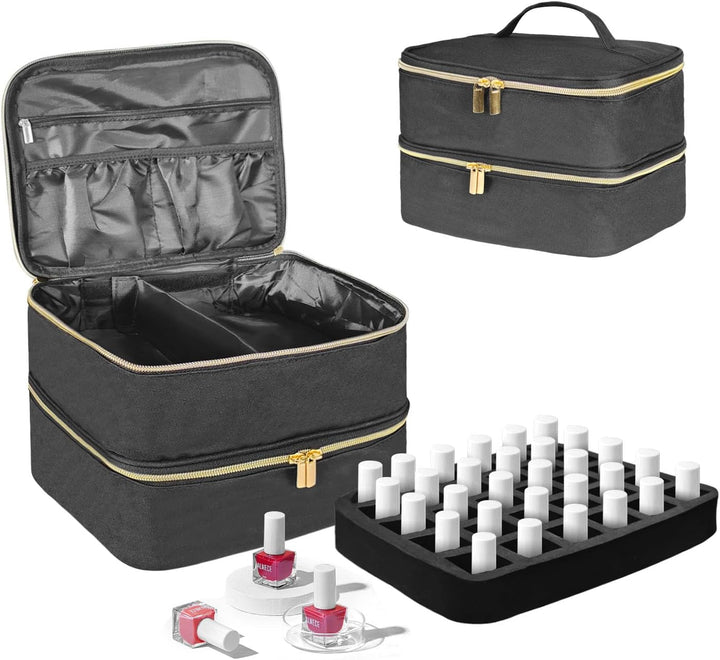 Nagellack Organizer Tasche, Doppelschicht Nagellack Aufbewahrung Box, Organizer Koffer Für Nageldesign Kosmetiktasche Für 30 Flaschen Neonail Base(15Ml-0.5 Fl.Oz) & 1 Nagellampe(Schwarz)