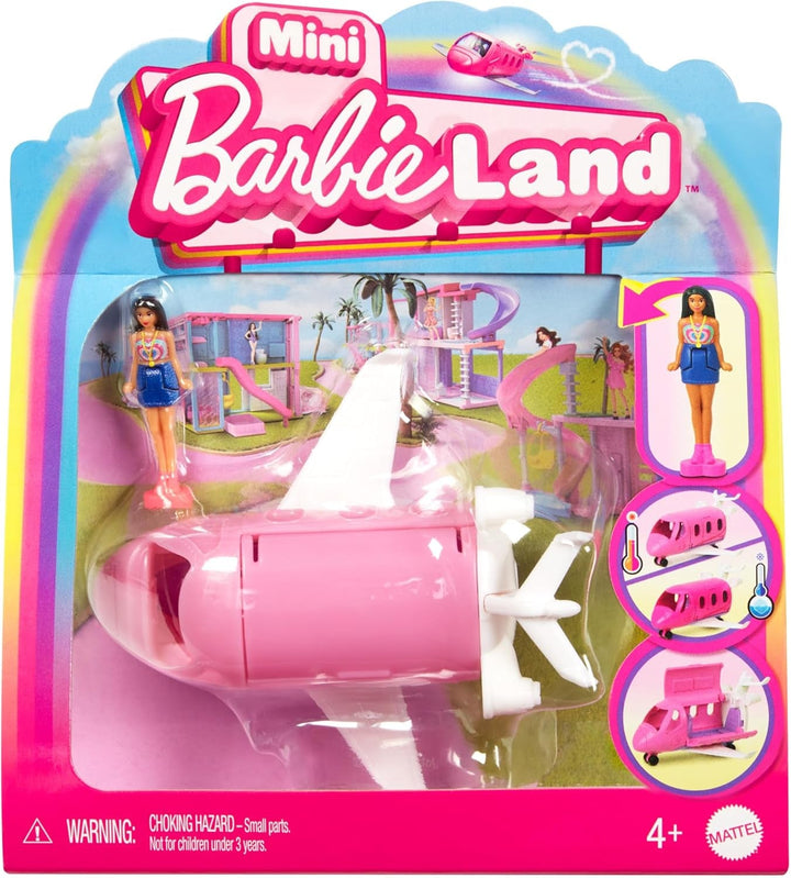 Barbie Mini Barbieland set de păpuși și vehicule de jucărie, păpușă de 1,5 inci și vehicul de jucărie iconic cu surpriză care își schimbă culoarea, HYF43