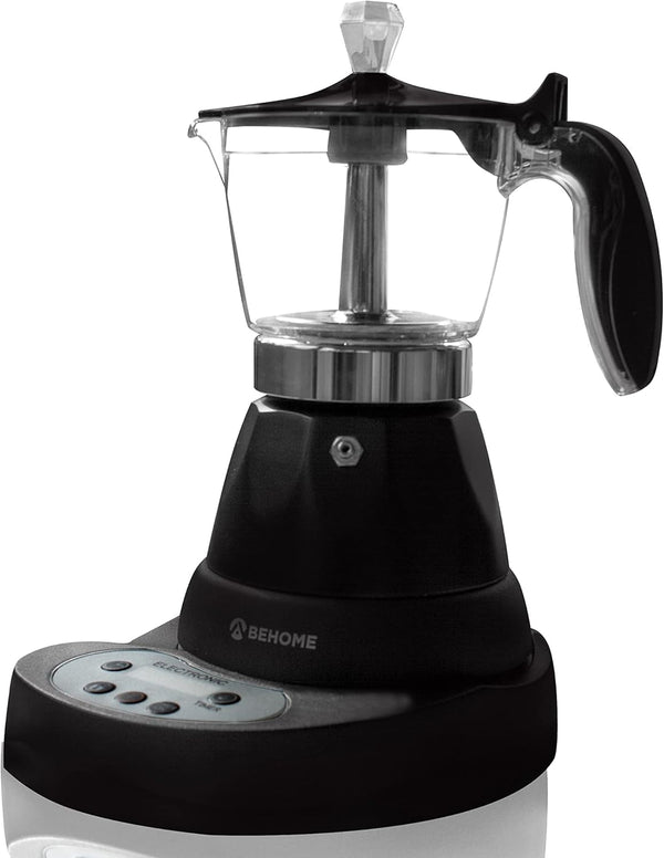 Cafetieră electrică italiană cu 3 căni, cafetieră electrică programabilă Mocha cu temporizator, oprire automată, cafea fierbinte timp de 30 de minute, aluminiu negru (cu temporizator)