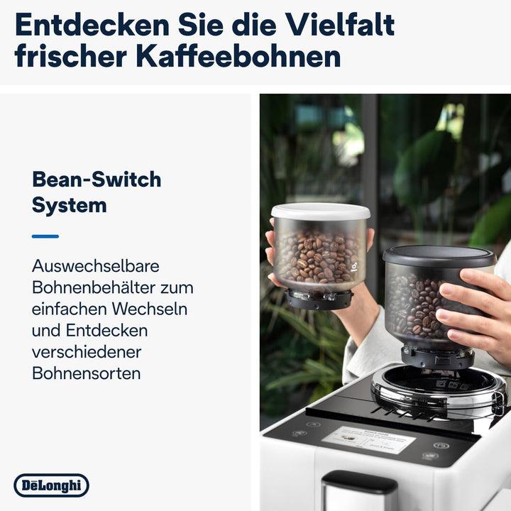 De'Longhi Rivelia EXAM440.55.W Aparat de cafea complet automat Cu sistem de lapte Lattecrema, container de boabe interschimbabil, 16 băuturi de cafea și lapte la apăsarea unui buton, funcție extra shot, ecran tactil de 3,5", alb