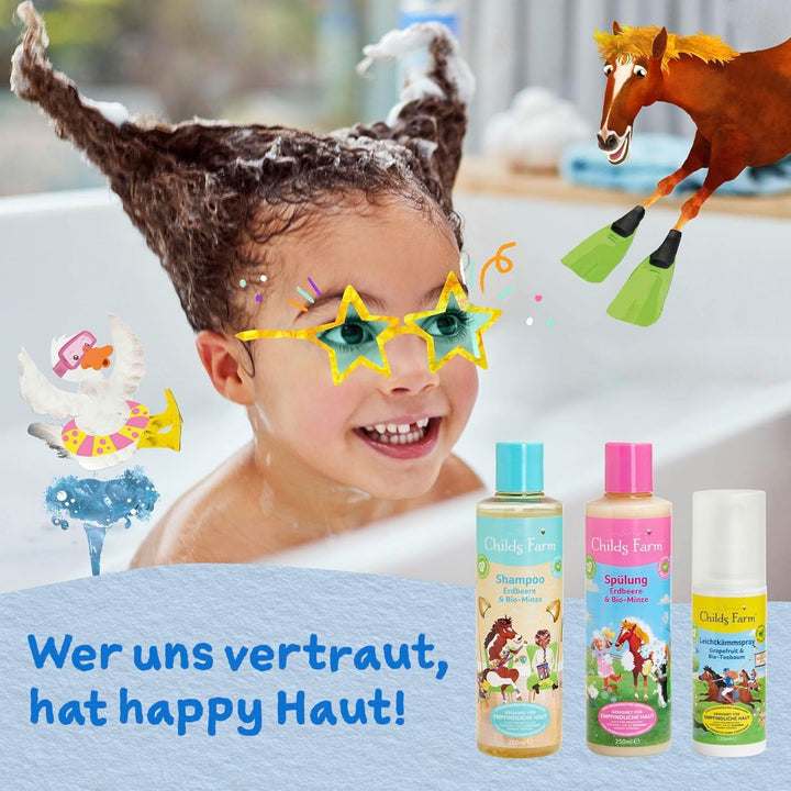 Balsam Childs Farm pentru copii 250 ml | Căpșuni și mentă organică | Toate tipurile de păr | Hrănește și hrănește | Potrivit pentru pielea uscată, sensibilă și predispusă la neurodermatită