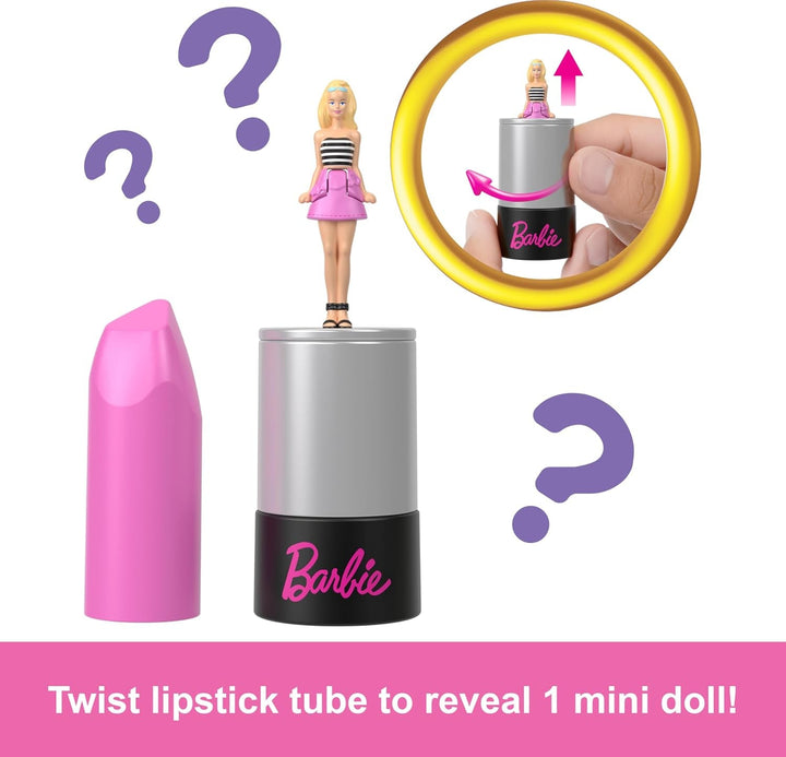 Barbie Mini Barbieland Set de 5 păpuși Fashionistas, Aprox. 3.8cm înălțime Mini păpuși în mâneci de ruj, set de colecție cu surprize (stilurile pot varia), JBD26