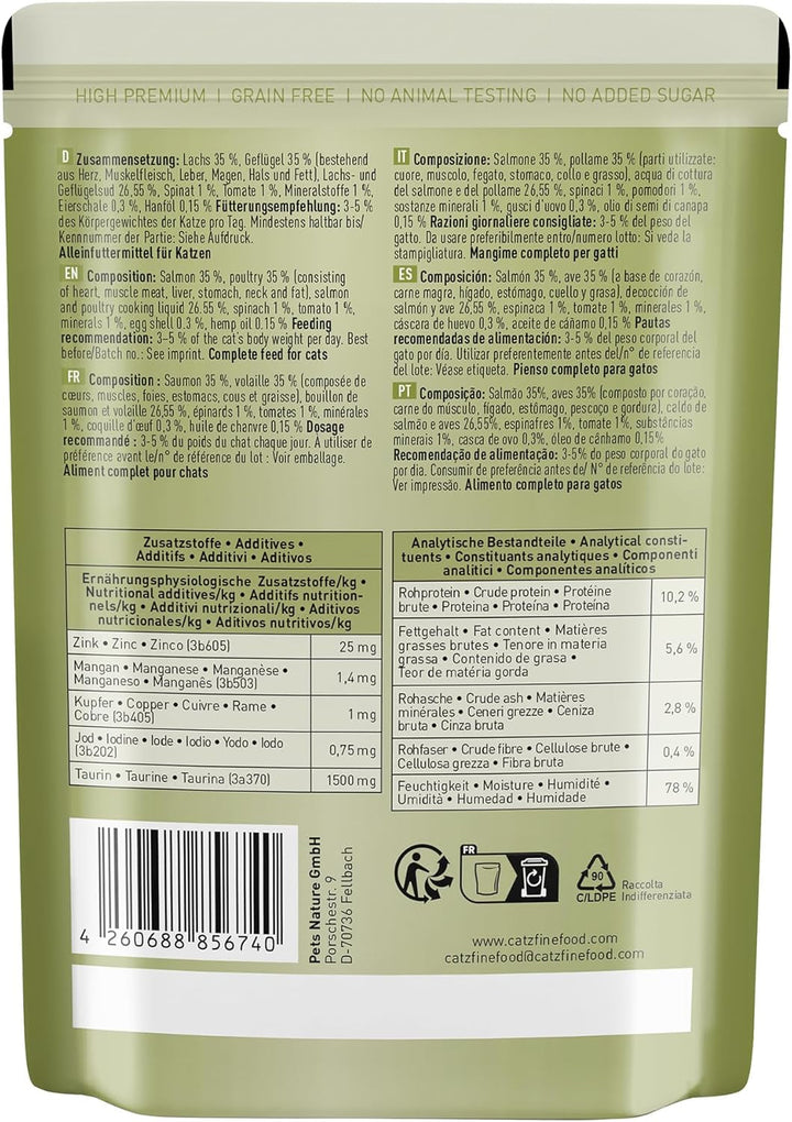Hrană umedă pentru pisici Catz Finefood Classic N° 5 Salmon & Păsări - Hrană umedă gourmet pentru pisica dvs. fără zahăr și cereale, fără gluten - cu conținut ridicat de carne, fabricată în Germania (6 pungi de 300G)