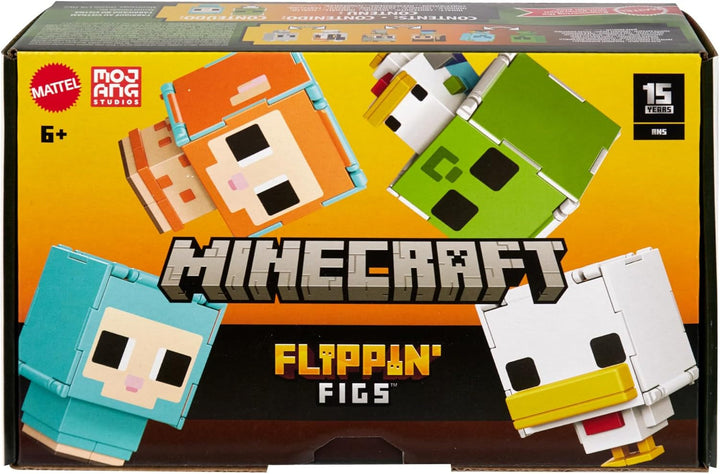Mattel Minecraft Flippin' Figs Oaie și pui 2-Pack cu figuri de joacă 2-in-1, capete mari și design Pixel HXK17