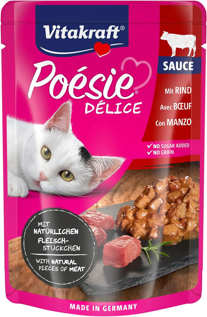 Vitakraft Poésie Délice, hrană umedă pentru pisici, hrană umedă pentru pisici în sos, cu carne de vită, preambalată, fără adaos de zahăr și cereale (23X 85G)
