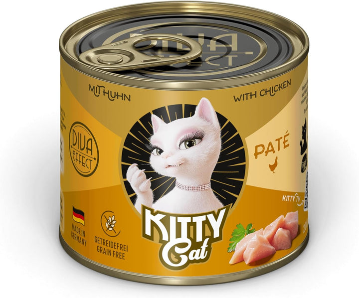 KITTY Cat Paté Chicken, 6 X 200 G, hrană umedă pentru pisici, hrană fără cereale pentru pisici cu taurină, ulei de somon și midii cu buze verzi, hrană completă cu conținut ridicat de carne, fabricată în Germania