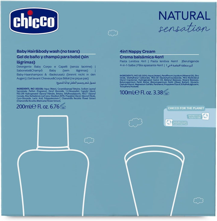 CHICCO NATURAL SENSATION - SET 2: 1 ȘAMPON ȘI BAIE - FĂRĂ USCARE 200 ML, 1 CREMĂ DE SCHIMBARE 4ÎN1 100 ML
