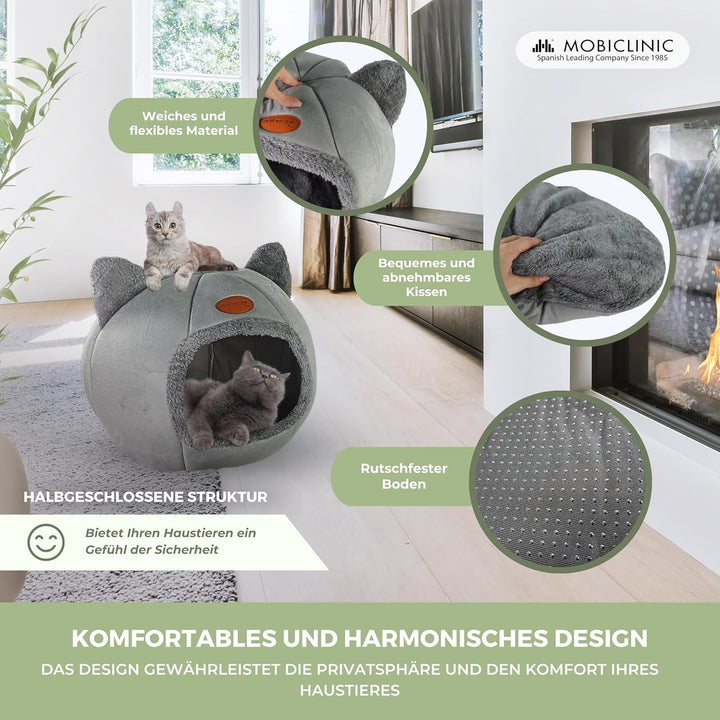 Mobiclinic® Pets, Pat pentru pisici, Cuib tip peșteră, Hellocatty, Lavabil la mașină, Ușor de pliat și depozitat, Antiderapant, Pernă detașabilă confortabilă, Spumă 25D, Design modern