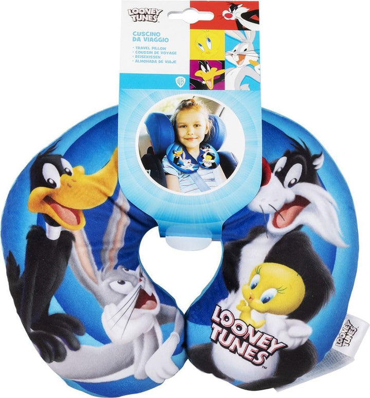 Warner Bros Looney Tunes pernă de gât pentru copii pentru fete, mașină de călătorie moale, Bugs Bunny, Daffy Duck, Silvestro Titti, confort, desene animate, albastru