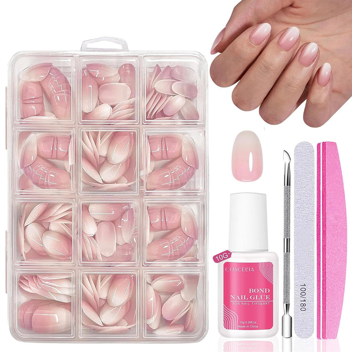 Set de unghii false - 240 de bucăți, unghii false franțuzești, pentru lipit - Design gradient alb roz, unghii artificiale, acoperire completă, gel moale, naturale și confortabile la purtare (migdală roz)