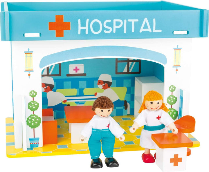 Small Foot 10852 Playhouse Restaurant Fabricat din lemn, Cu 2 figurine pentru păpuși, accesorii și acoperiș detașabil, De la 3 ani
