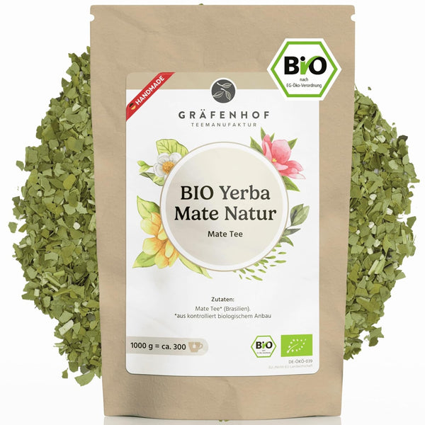Ceai Yerba Mate Bio, originalul, 1 kg ceai mate vrac, conținut ridicat de cofeină, neprăjit, uscat la aer, analizat în laborator, frunze de mate ambalate în Germania, calitate premium Gräfenhof