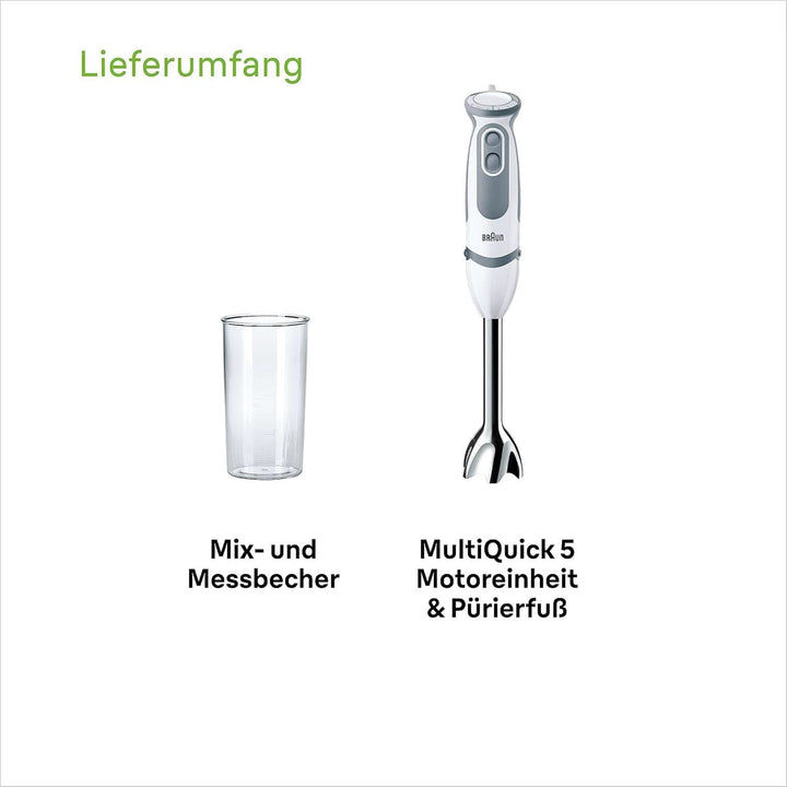 Braun Stabmixer MQ 5200WH - Multiquick 5 Vario Pürierstab Mit Edelstahl Mixfuß, 1000 Watt, Inkl. 600 Ml Mix- & Messbecher, Weiß/Grau