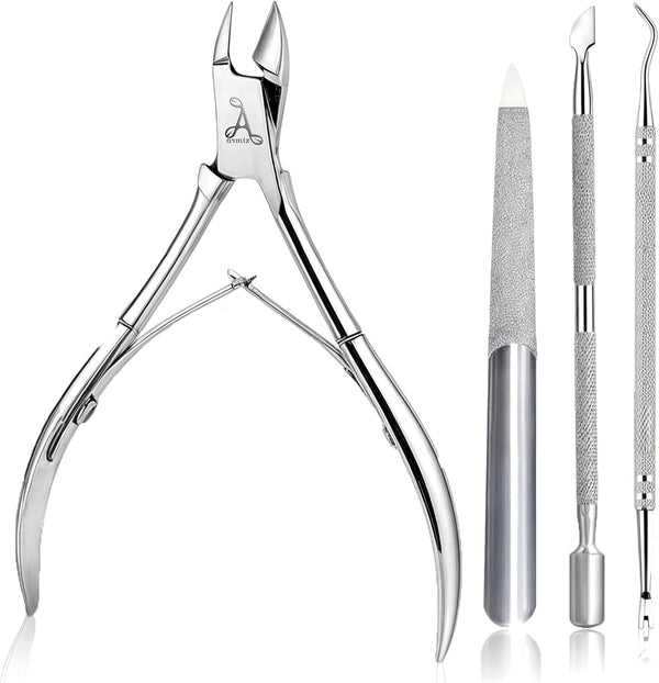 ARMIZ Set de 4 piese pentru împingătorul și cleștele de cuticule, Set profesional de instrumente pentru îndepărtarea cuticulelor, Clește multifuncțional din oțel inoxidabil pentru manichiură și pedichiură