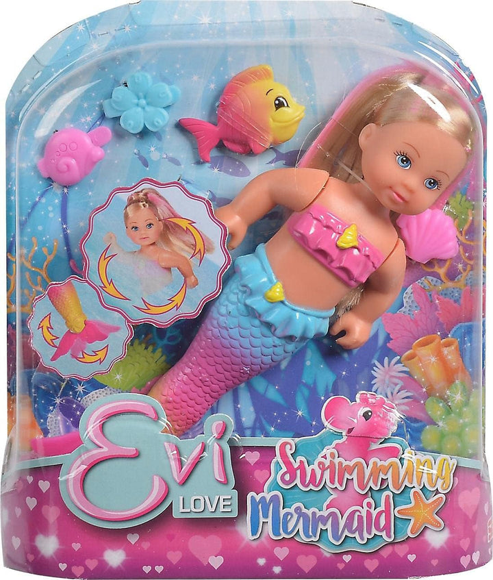 Simba 105733318 - Evi Love Swimming Mermaid, Evi ca o sirenă, Poate înota corect, Cu figurină de pește, Păpușă de îmbrăcat, 12cm, Pentru copii de la 3 ani în sus
