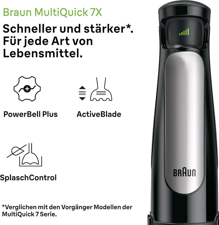 Braun Multiquick 7 MQ 7035X Stabmixer - Pürierstab Mit Abnehmbarem Edelstahl Mixfuß Mit Activeblade Technologie Zum Pürieren Der Härtesten Zutaten, Inkl. 3-Teiliges Zubehör Set, 1000 Watt, Schwarz