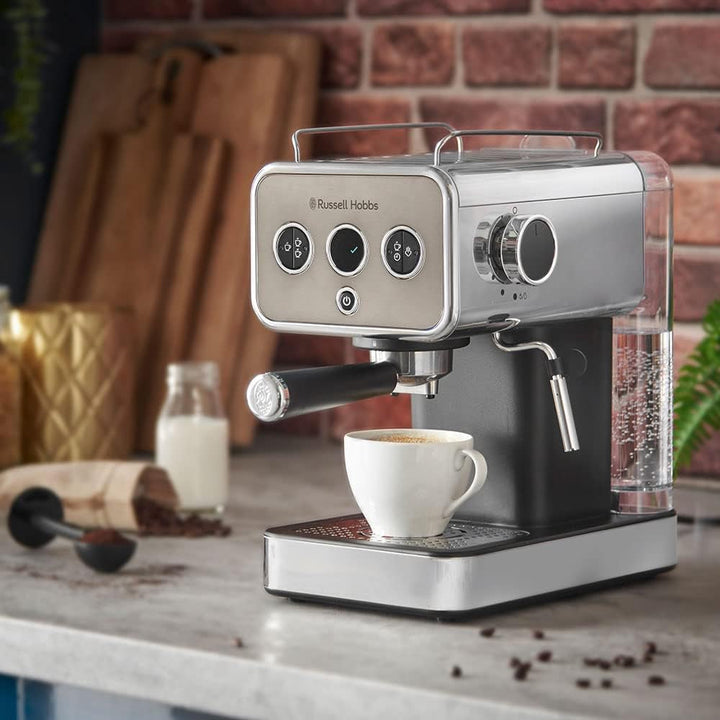 Espressor Russell Hobbs [Portafiltru] Distinction Oțel Inoxidabil Titan (15 bar, inserție pentru 1 și 2 căni, tampoane ESE, dozare automată și opțiune manuală, duză de abur pentru apă fierbinte și spumă de lapte) 26452-56
