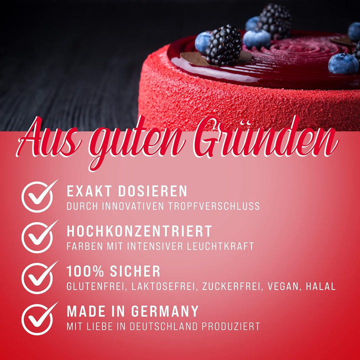 Belissia Lebensmittelfarbe Erdbeerrot 10Ml Farbstoff Hoch Konzentriert, Made in DE Zuckerfrei, Flüssig, Zum Färben Von Getränken, Kuchen, Teig, Toppings Uvm. Backzubehör