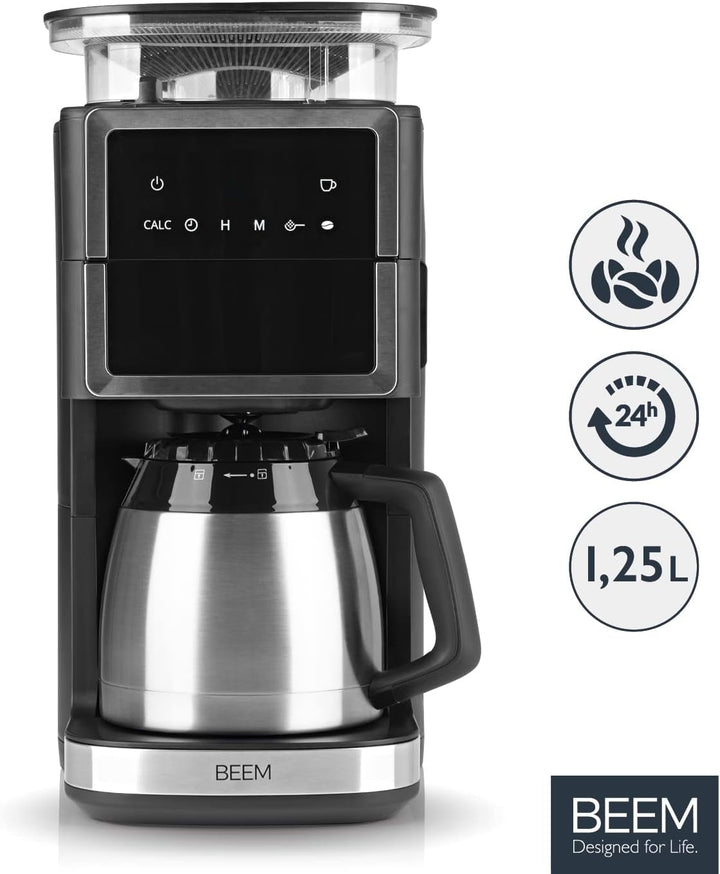 Espressor cu filtru BEEM FRESH-AROMA-PERFECT III cu râșniță - Thermo | Oțel inoxidabil | Cu vas izolat și funcție Aroma Plus | Filtru permanent și temporizator de 24 de ore | 1000 W | Până la 10 cești